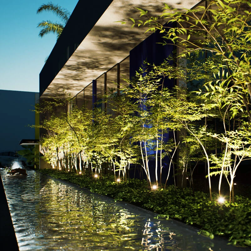 Renderização do espelho d'água e jardim do Hubee